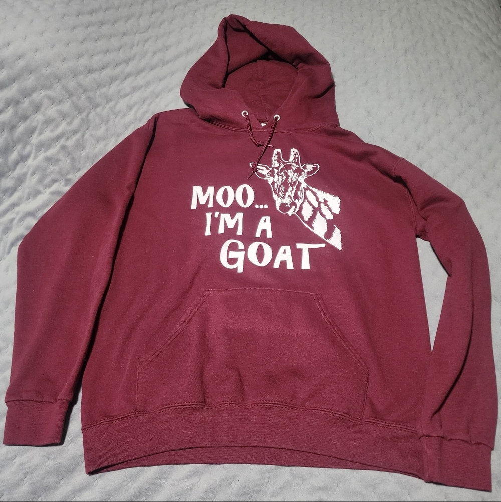 Moo I'm a Goat Burgundy Hoodie Pullover Medium Funny Graphic Sweatshirt